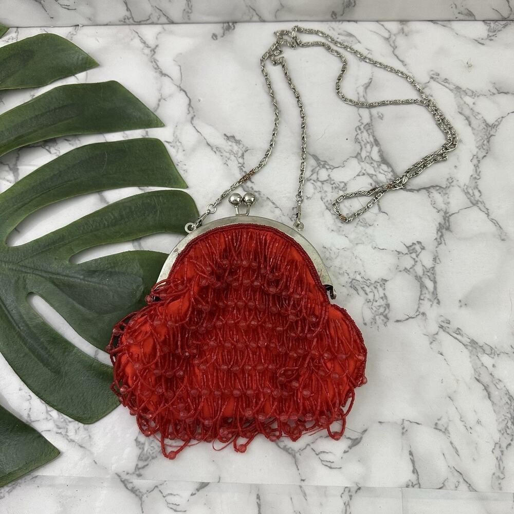 Vintage Y2k Beaded Evening Bag Clutch Red Silver Kiss Lock Tassels Glam Party
